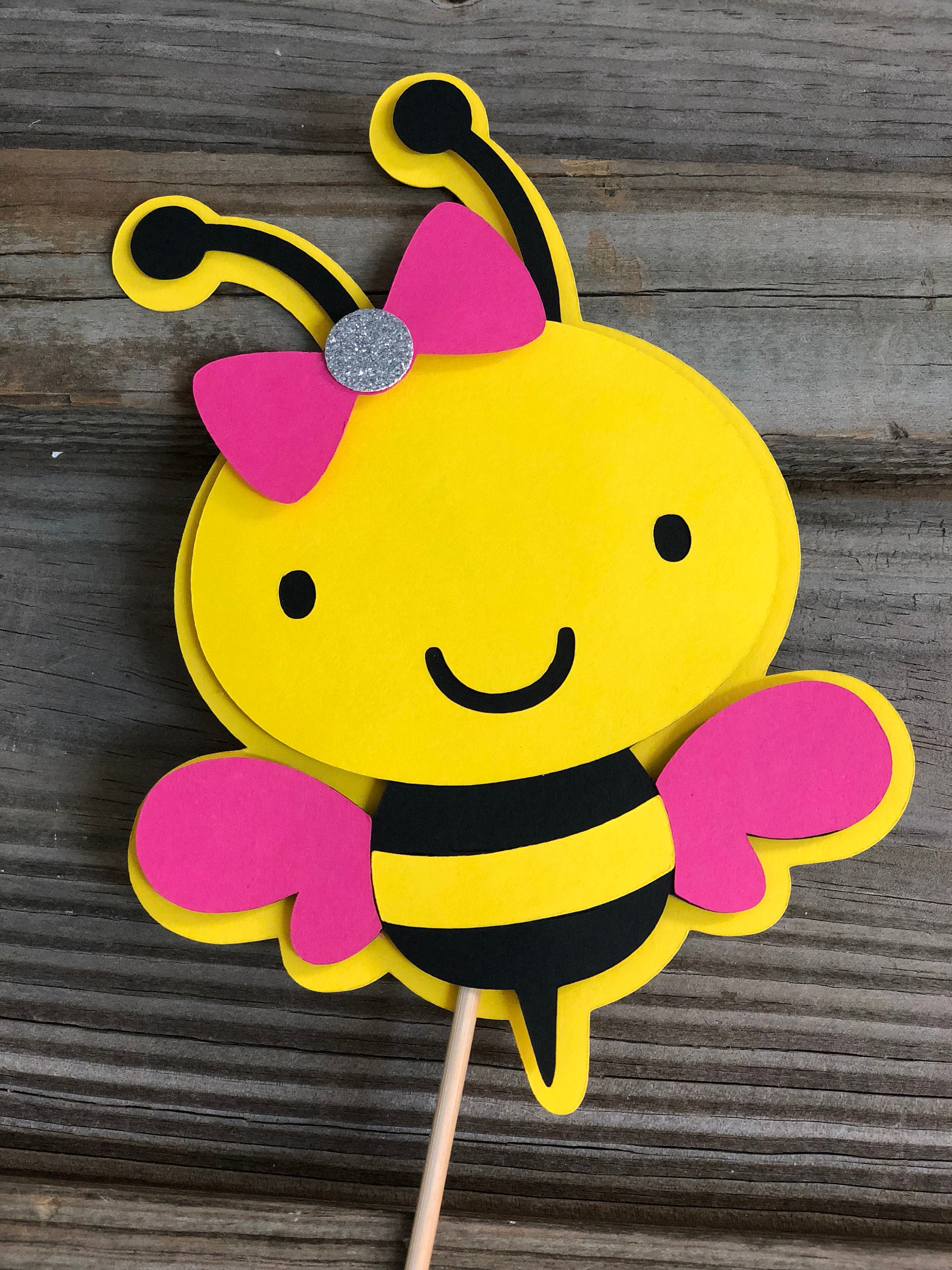 Set of 6 Yellow, Black & Bright Blue BUMBLE BEE Decorations On Wooden  Sticks-Birthday Party/Baby Shower-Table Decorations (4 Sizes) Boy Bee