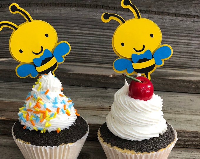 Set of 12 - Yellow, Black & Bright Blue BUMBLE BEE Cupcake Toppers - Baby Shower/Birthday Party - Decorations/Favors/Centerpiece - Boy Bee