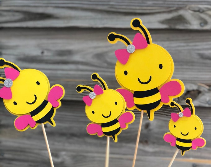 Set of 6 Yellow, Black and Fuchsia BUMBLE BEE Decorations On Wooden Sticks-Birthday Party/Baby Shower-Table Decorations (4 Sizes) Girl Bee