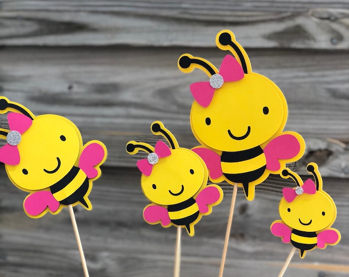 Set of 6 Yellow, Black and Fuchsia BUMBLE BEE Decorations On Wooden Sticks-Birthday Party/Baby Shower-Table Decorations (4 Sizes) Girl Bee