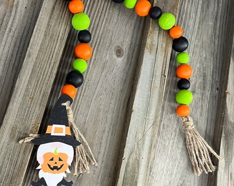 Farmhouse Country 28" Long Halloween Gnome Wood Bead Garland - Orange-Green-Black - Handmade-Perfect for Tier Trays or Accent Pieces