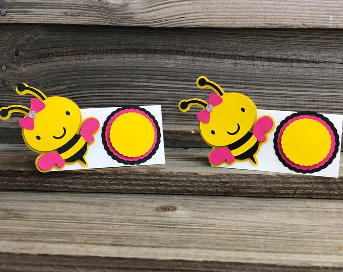 Set of 12 - Yellow, Black & Fuchsia BUMBLE BEE Food/Table Tents (Place Cards) - Baby Shower/Birthday Party/New Baby-Decorations - Girl Bee