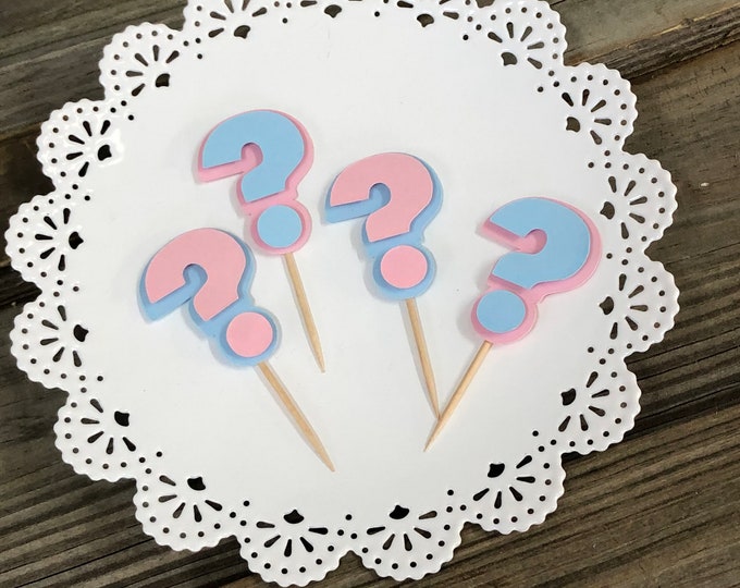 GENDER REVEAL Baby Pink and Baby Blue Question Mark Food/Party Picks - Baby Shower - Decorations - Favors - Mini Cupcake Picks -Candy Buffet