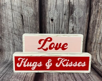 Distressed White Wooden Block Stack with 3 Photo Holders - Farmhouse - Country - Tier Tray - Accent Pieces - Handmade - Valentine - Love