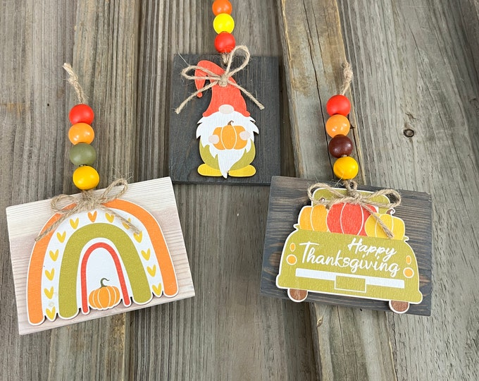 3 Piece Set - Gnome Fall Thanksgiving Wooden Ornament Set - Farmhouse - Country - Tier Tray - Accent Pieces - Wall Decoration - Handmade