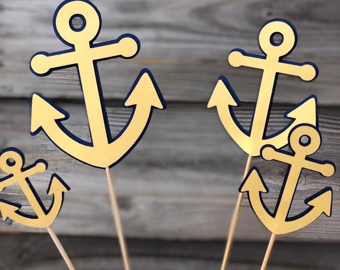 Set of 6 Gold and Navy Blue Anchor Decorations On Wooden Sticks-Baby Shower/Birthday Party Table Decorations (4 Sizes to Choose From)