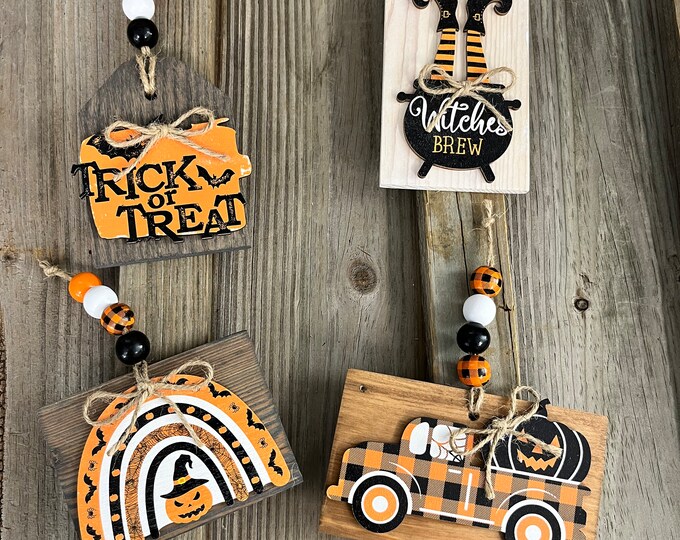 4 Piece Set - Halloween Themed Wooden Ornament Set - Farmhouse- Country - Tier Tray - Accent Pieces - Wall Decoration - Handmade