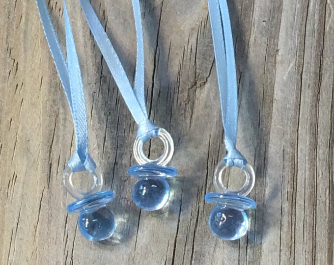 12 - Blue Acrylic Baby Pacifier Favor Charm Necklaces - Baby Boy-Games/Decorations/Gift Tags/Favors/Ornaments- Baby Shower - Ribbon Included