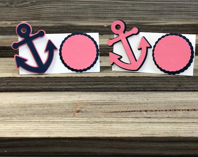 Set of 12 Coral and Navy Blue Anchor Table Tents/Place Cards-Baby Shower/Birthday Party Favors/Decorations - Nautical- Can be Customized