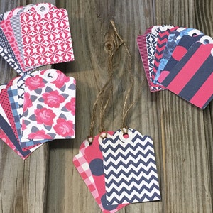20- Assorted Pink & Navy Gift Tags (3&quot;x 2&quot;) w/Jute Twine - Matching Blank Mini Note Cards Available-Tags/Favor Tags/Birthday/Showers