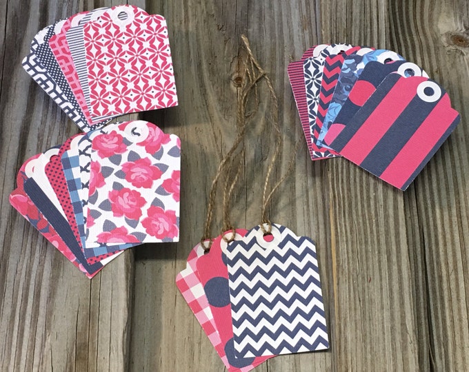20- Assorted Pink & Navy Gift Tags (3"x 2") w/Jute Twine - Matching Blank Mini Note Cards Available-Tags/Favor Tags/Birthday/Showers