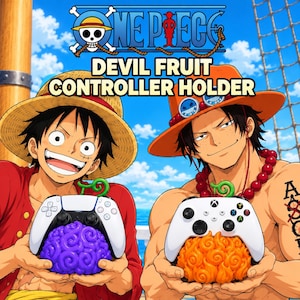 Op de afbeelding: Een Devil Fruit controllerhouder met twee anime-personages. De een houdt een paarse gedraaide vrucht vast met een witte PlayStation-controller, de ander een oranje vrucht met een witte Xbox-controller. Tekst: ONE PIECE DEVIL FRUIT CONTROLLER HOLDER.