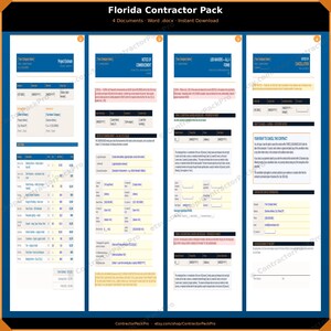 May include: A digital download pack titled "Florida Contractor Pack" with four documents. The documents include project estimates, notices of commencement, lien waivers, and cancellation forms. The documents have a blue and white color scheme with text. The Etsy shop URL is visible.