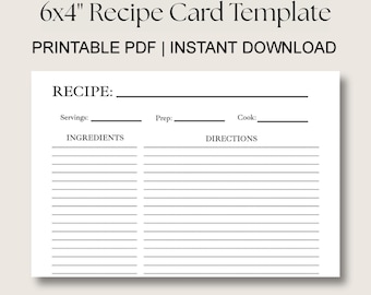 Tarjeta de recetas de 6x4" con un diseño elegante, imprimible, descarga instantánea en PDF.