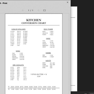 Puede incluir: Una tabla de conversi&oacute;n de cocina imprimible en papel A4, que se muestra en la pantalla de una computadora. La tabla incluye vol&uacute;menes de l&iacute;quidos, pesos secos y conversiones de temperatura. La configuraci&oacute;n de la impresora es visible.