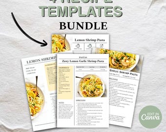 Paquete de plantillas editables para tarjetas de recetas: 4 diseños, página de libro de cocina imprimible en Canva (A4/Carta estadounidense)