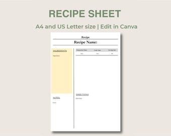 Simple Recipe Card Template | Printable | A4/US letter | Canva