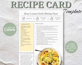Plantilla de tarjeta de receta sencilla / Editable e imprimible / Tamaño A4 / Plantilla de Canva