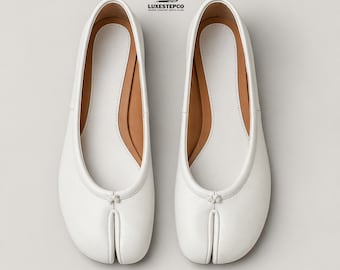 Handmade White Leather Tabi Flats: Vintage Split Toe Ballet Shoes