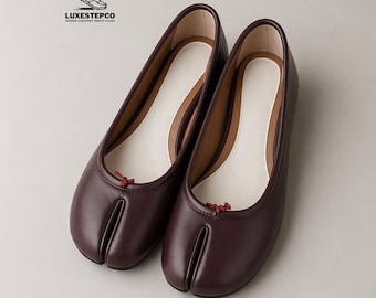 Handmade Wine Red Leather Tabi Flats | Vintage Split Toe Ballet Shoes | Wedding Shoes | Gift for her