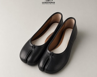 Handmade Black Leather Tabi Flats: Vintage Split Toe Ballet Shoes