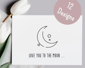 Juego de 12 tarjetas de felicitación de amor, minimalistas, imprimibles en formato A6, tarjetas románticas en blanco y negro, para él y para ella, descarga digital.