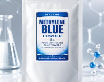 May include: A white stand-up pouch containing 5g of Methylene Blue powder. The label features the text USP GRADE, METHYLENE BLUE POWDER, 5g, PURE METHYLENE BLUE POWDER, and PHARMACEUTICAL GRADE in blue and white lettering on a blue background.