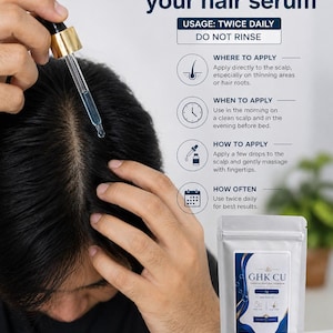 May include: A person applying hair serum to their scalp with a dropper. The image includes text about usage instructions, a packet of GHK CU Copper Peptide Powder, and small containers of a blue substance. The text says "You can make your hair serum."