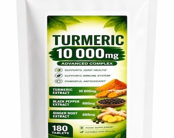 Turmeric Tablets 10000mg High Strength with Black Pepper & Ginger, Daily Herbal Supplement, Curcumin Complex, Vegan Tablets