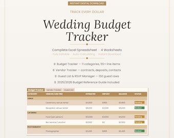 Hochzeitsplanungs-Bundle | Day-Of Timeline + Budget Tracker Tabelle | Vendor Tracker + Gästeliste + 2026 Guide | Sofort Download