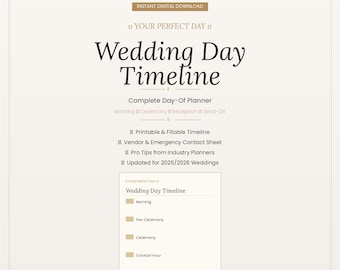 Hochzeitstag Timeline Vorlage | Printable Day-OfScheduler | Verkäufer Kontaktabzug | Sofortiger Download PDF | 2025 2026 Hochzeitsplaner