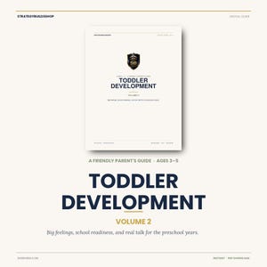 Könnte beinhalten: Ein digitaler Ratgeber mit dem Titel "Kleinkindentwicklung Band 2" mit einem Schildlogo. Der Ratgeber ist für Kinder im Alter von 3-5 Jahren und behandelt große Gefühle, Schulreife und Vorschuljahre. Der Hintergrund ist hellbeige.