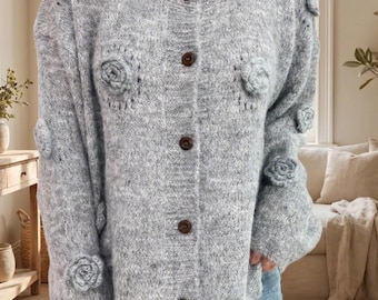 Women’s Floral Knit Button-Up Cardigan Sweater – Soft, Lightweight Vintage-Inspired Layering