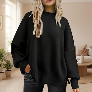 Women's Oversized Knit Sweater – Round Neck Drop Shoulder, Side-Slit Pullover for Fall/Winter