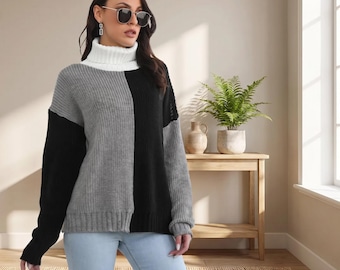 Women's Contrast Colorblock Turtleneck Long Sleeve Knit Sweater Pullover, Ribbed Cozy Warm Winter Top