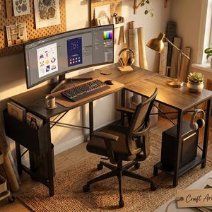 May include: An L-shaped dark wood computer desk with a black metal frame, featuring a curved monitor, a mechanical keyboard, a black office chair, a brass desk lamp, a computer tower, and a side storage pocket for books and magazines.