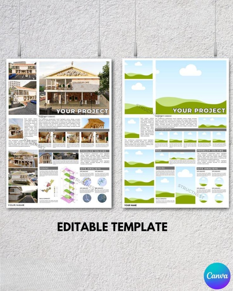May include: Two architectural design templates are displayed, each with a different layout. The left template features images and text, including "YOUR PROJECT" and "COLLOSEUM CAFE." The right template has a landscape design with the text "YOUR PROJECT." The words "EDITABLE TEMPLATE" are at the bottom.