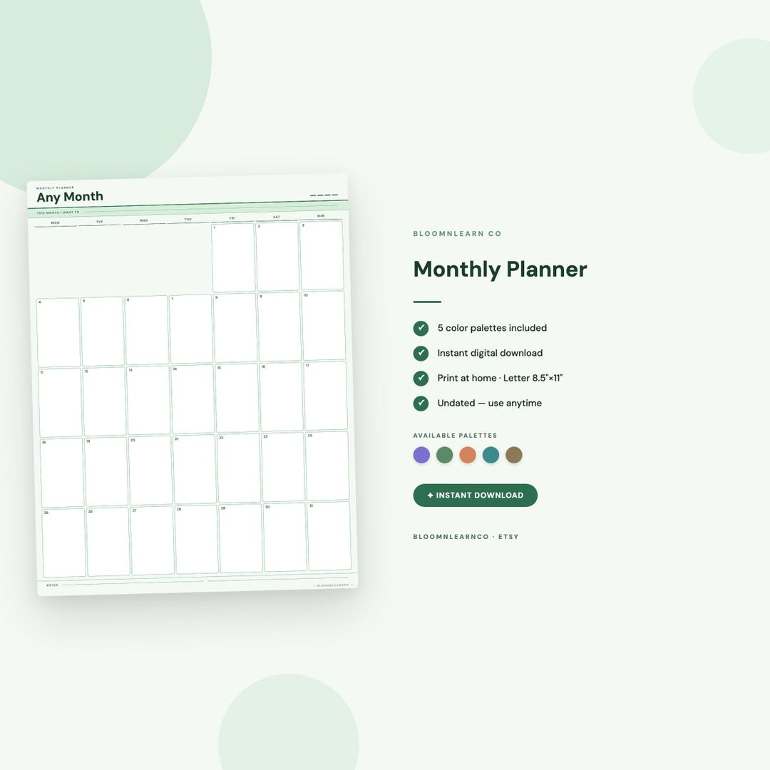 Undated Monthly Planner Printable | ADHD Planner Page | PDF Calendar ...