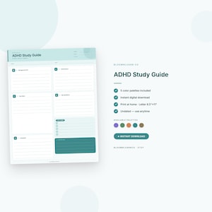 May include: A digital ADHD Study Guide with a teal and white design. The guide includes sections for background info, key ideas, and examples. The guide is 8.5" x 11" and includes 5 color palettes. The text "ADHD Study Guide" is displayed.