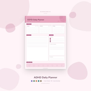 Könnte beinhalten: Ein rosa ADHD-Tagesplaner mit Abschnitten für Zeitblöcke, To-Do-Listen und Prioritäten. Der Planer enthält den Text "ADHD Daily Planner" und "BLOOMNLEARN CO". Er verfügt außerdem über eine Farbpalette am unteren Rand.