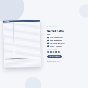May include: A white Cornell Notes notepad with a dark blue border. The notepad has a lined layout with sections for notes, cues, and summary. Text on the right side reads "Cornell Notes" and lists features like instant download and 5 colour palettes.