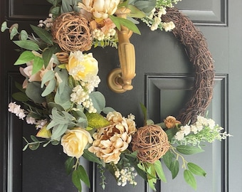 Elegant Neutral Grapevine Wreath Year-Round Front Door Decor  Farmhouse Floral Wreath