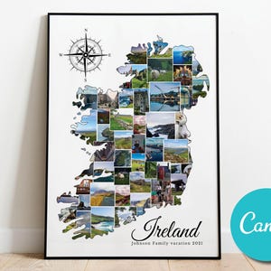 May include: Framed print featuring a map of Ireland filled with various landscape and travel photos. A compass rose is in the upper left corner. The word "Ireland" is written in script, with "Johnson Family vacation 2021" below.