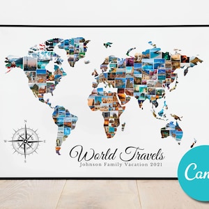 May include: A framed world map print featuring a collage of travel photos. The map is filled with various images, with a compass rose in the lower left corner. The text "World Travels" and "Johnson Family Vacation 2021" are displayed. A teal circle with the word "Canva" is in the lower right.