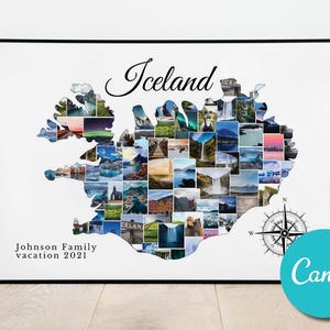以下が含まれることがあります： アイスランドの地図を特徴とする額入りのプリント。多数の風景写真で構成されています。「Iceland」の文字が地図の上に筆記体で書かれています。地図の下には「Johnson Family vacation 2021」と書かれています。羅針盤が右下にあります。