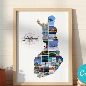 Könnte beinhalten: Ein gerahmter Wandkunstdruck mit einer Landkarte von Finnland, die aus einer Collage verschiedener Fotos besteht. Die Karte enthält eine Kompassrose und den Text Finland sowie Johnson Family Vacation 2021. Der Rahmen ist aus hellem Holz.