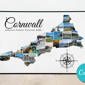 May include: A framed wall art print featuring a map of Cornwall shaped by a collage of various coastal landscape photographs. The text Cornwall and Johnson Family Vacation 2026 is printed in black. A black compass rose is located in the bottom right.