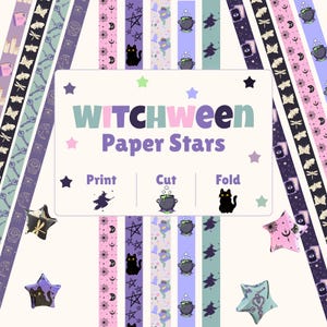 May include: A digital craft sheet titled WITCHWEEN Paper Stars with instructions to Print, Cut, and Fold. The design features vertical strips with patterns of black cats, cauldrons, witches, moths, and stars in purple, pink, and teal colors.