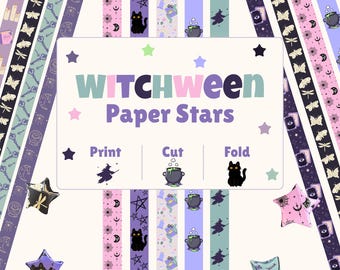 May include: A digital craft sheet titled WITCHWEEN Paper Stars with instructions to Print, Cut, and Fold. The design features vertical strips with patterns of black cats, cauldrons, witches, moths, and stars in purple, pink, and teal colors.