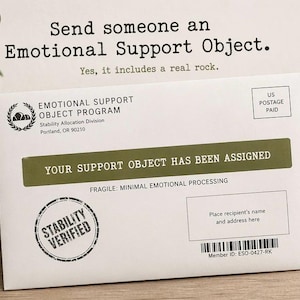 Puede incluir: Un sobre blanco con el texto "Envía a alguien un objeto de apoyo emocional". El sobre incluye una piedra real. Tiene una barra verde que dice "YOUR SUPPORT OBJECT HAS BEEN ASSIGNED". El sobre también tiene un sello "STABILITY VERIFIED".